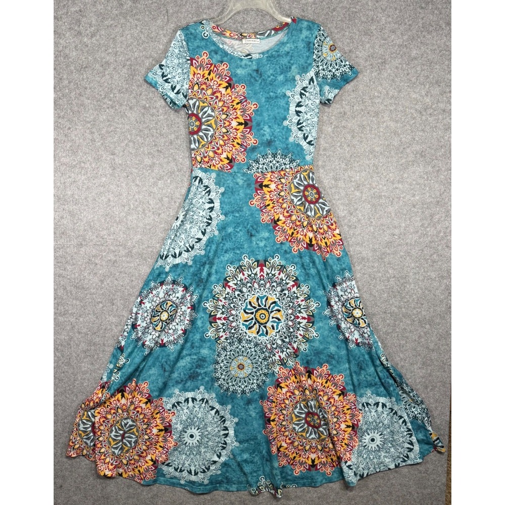 ZABERRY Maxi Dress Women Medium Teal Mandala Print Short Sleeve Pocket A-Line